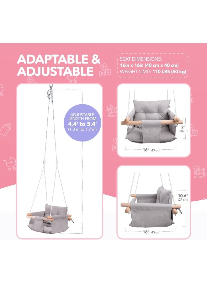 CaTeam - Canvas Baby Swing, Wooden Hanging Swing Seat Chair with Safety Belt, Durable Baby Hammock Chair, Outdoor and Indoor Swing for Kids, Mounting Hardware Included, Taupe Gray - Image 4